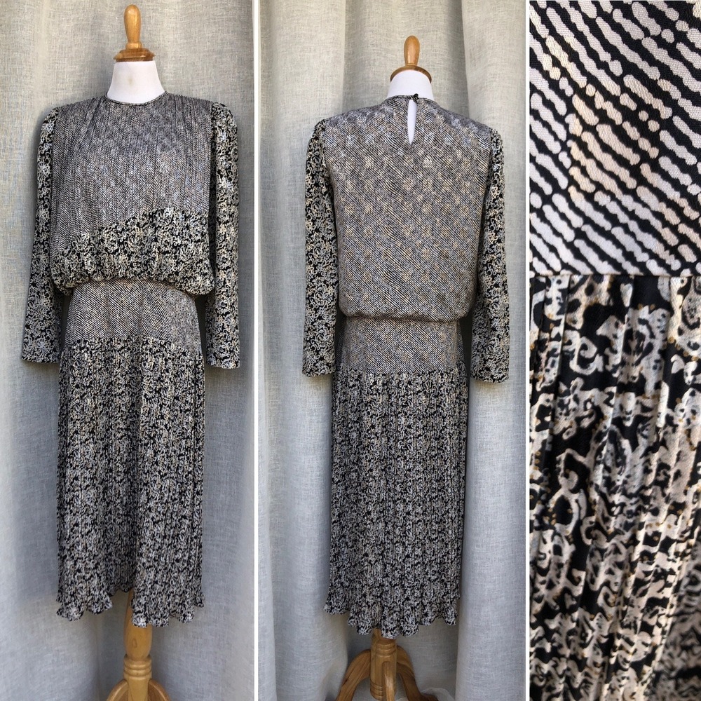 Patty O'Neil long sleeve micro pleat midi dress drop waist line 1980